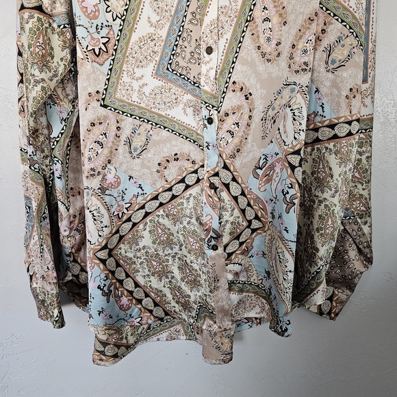 Acoa Women's Large Patchwork Satin Long Sleeve Button Up Blouse Beige Blue Green - Picture 4 of 7